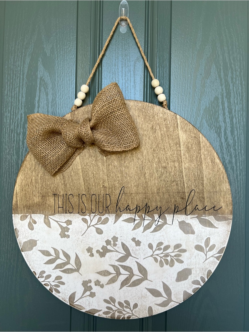 Wooden Round Rustic Burlap Bow Door Hanging - "This Is Our Happy Place"